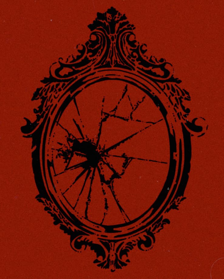 Ornate broken mirror illustration on crimson